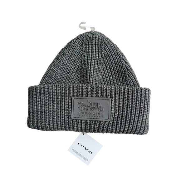 Coach Patch Logo Rib Knit Cuff Beanie Hat Dove Grey - Picture 1 of 2